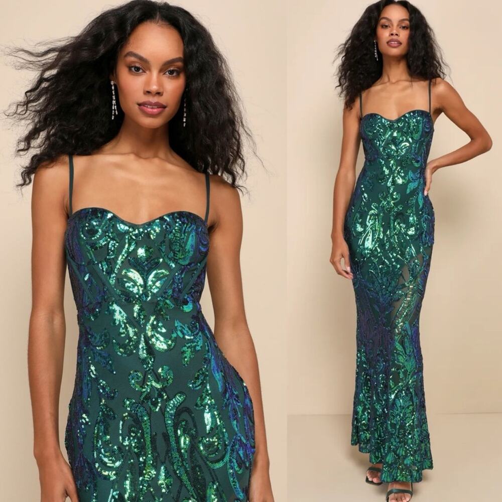 Lulu's Emerald & Teal Sequin Maxi Dress